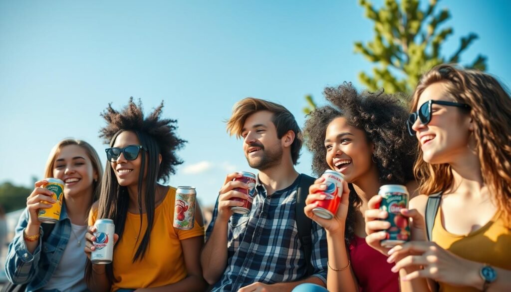 Consumer using aluminium canned beverages in an outdoor setting