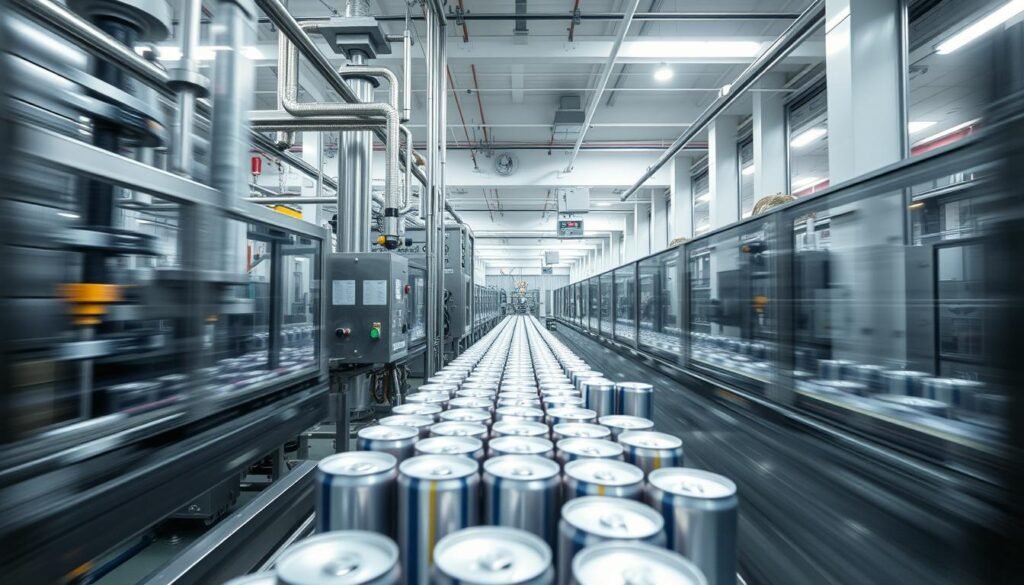Modern aluminium beverage can manufacturing facility showing production line