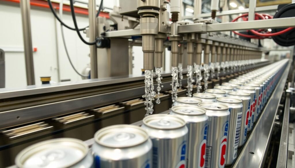 Production line of aluminium beverage cans being filled with carbonated soda