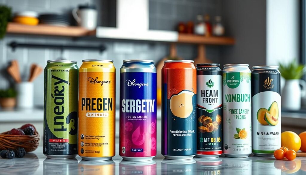 Variety of functional beverages in aluminium cans including energy drinks and wellness products