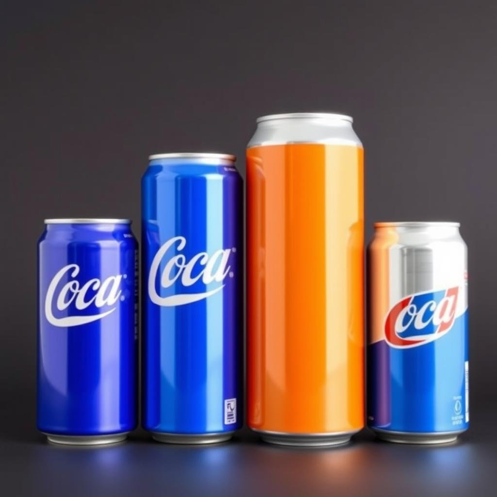 Various sizes of aluminium soda cans showing different formats